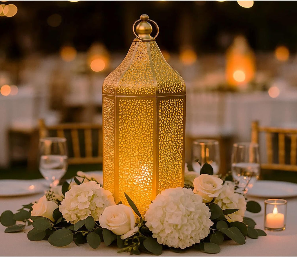 VELA Lanterns 16" Champagne Gold Moroccan Candle Lantern - Decorative Metal Hexagon for Table or Hanging | Perfect for Ramadan, Weddings, Indoor & Patio Lighting
