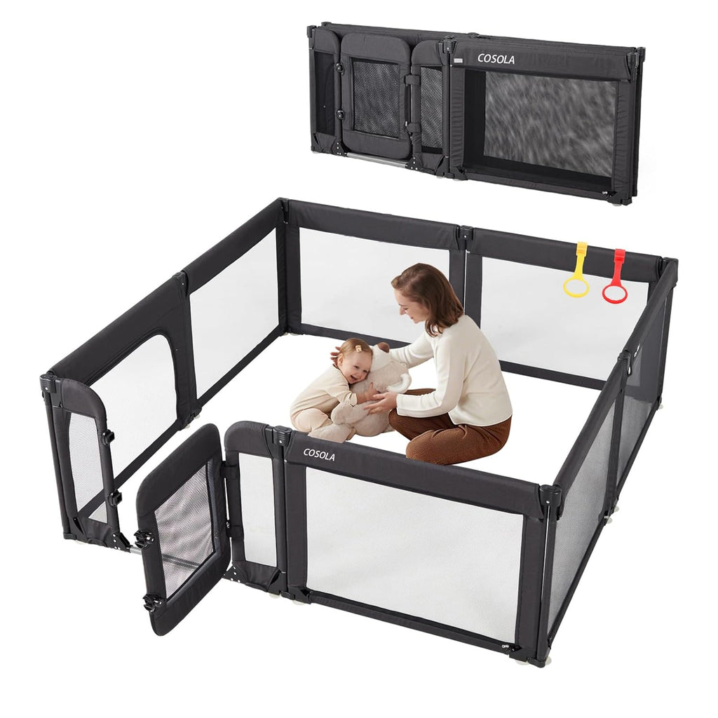 Skiennix Large Baby Playpen - Adjustable 79x71 Inch Indoor & Outdoor Foldable Play Yard | Black Mesh Safety Design