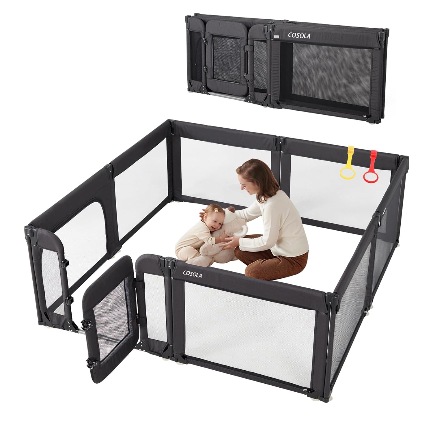 Skiennix Large Baby Playpen - Adjustable 79x71 Inch Indoor & Outdoor Foldable Play Yard | Black Mesh Safety Design