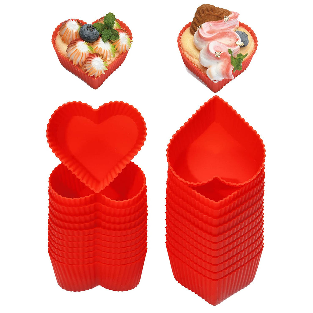 Baking Cups Cupcake Liners Silicone - Non-Stick Pastry Muffin Liner Molds, 2.75 Inch Reusable Storage Container,Heart,24 Pack