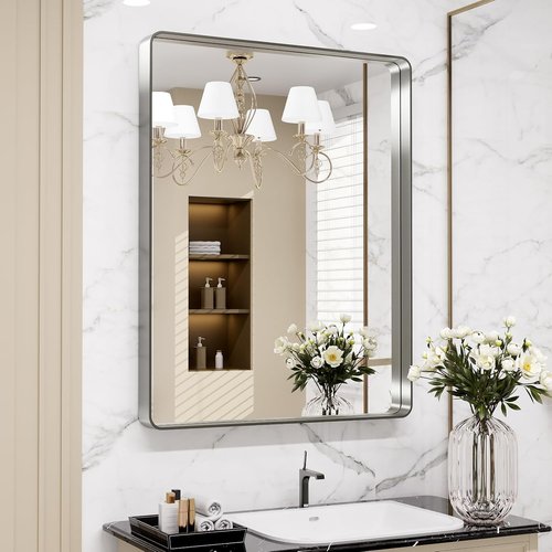 LOAAO Brushed Nickel Bathroom Mirror - 24x32 Inch Rounded Rectangle Design | Anti-Rust, Shatterproof, Versatile Hanging Options