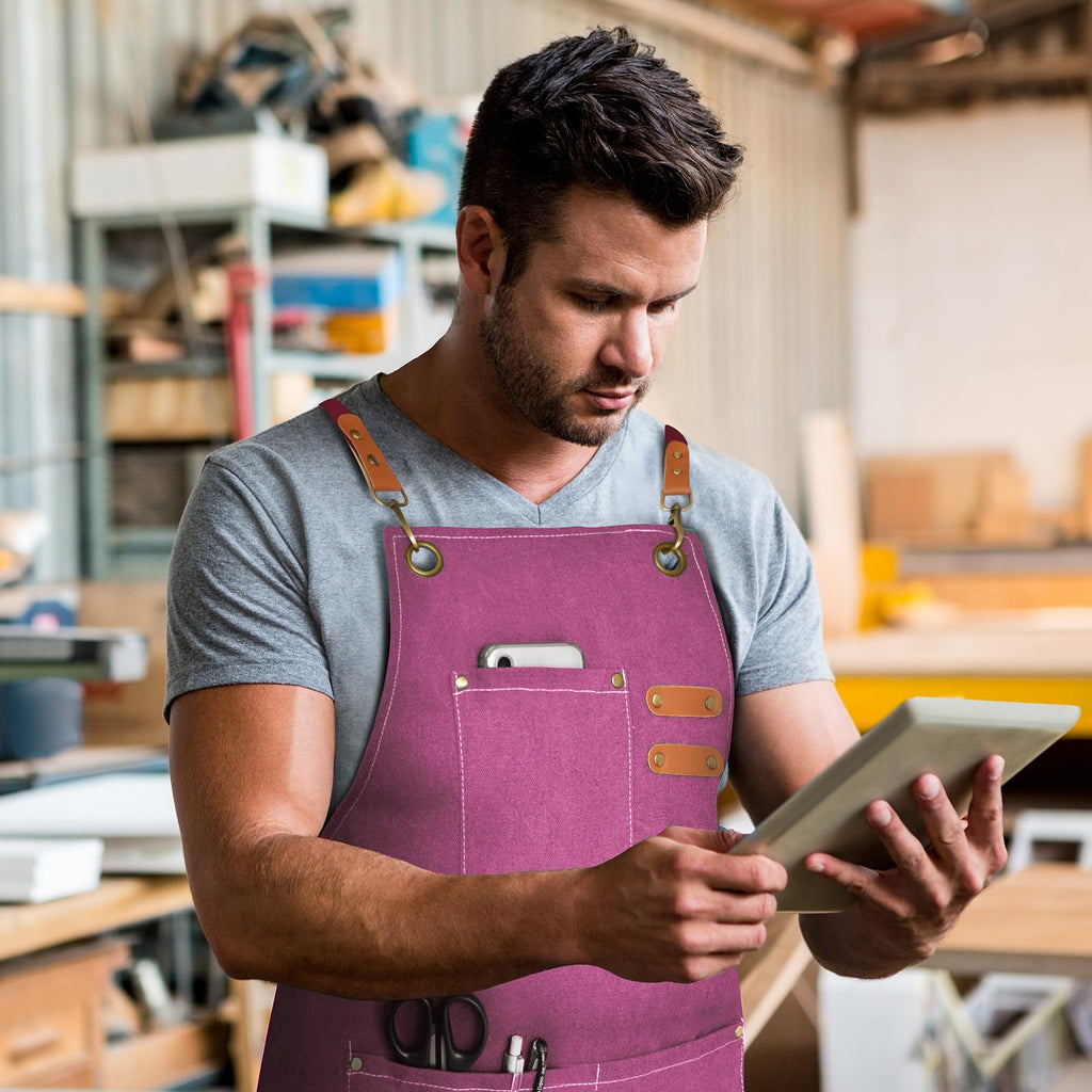 OUNLEN Chef Apron for Men Women Canvas Aprons with 3 Pockets Cross Back Resistant Work Apron for Cooking Grilling Baking BBQ Barber Kitchen (Pink)