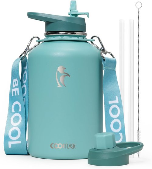 Coolflask Insulated Water Bottle - 64 oz Half Gallon Jug with Straw & Spout Lids | Keeps Drinks Cold 48h, Hot 24h, Leak Proof, Agate Green
