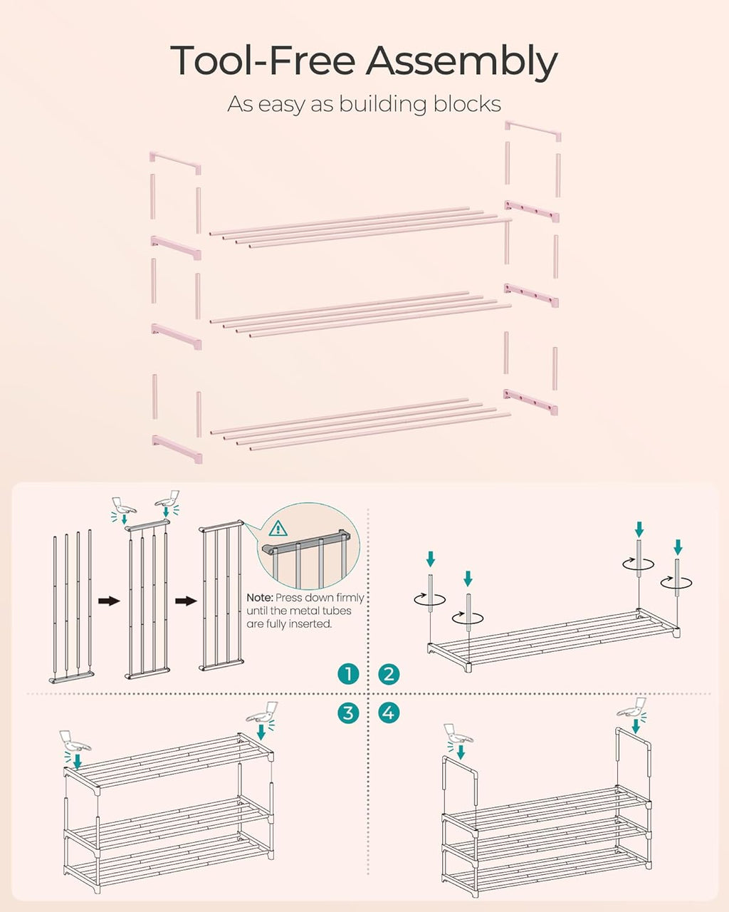 SONGMICS 3-Tier Shoe Rack - Stackable Metal Organizer for 16-20 Pairs | Jelly Pink, 11.8 x 36.2 x 21.7 Inches