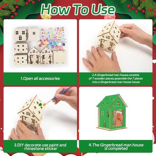 Fennoral 14-Pack Wooden Gingerbread House Craft Kit - DIY 3D Christmas Decorations for Kids