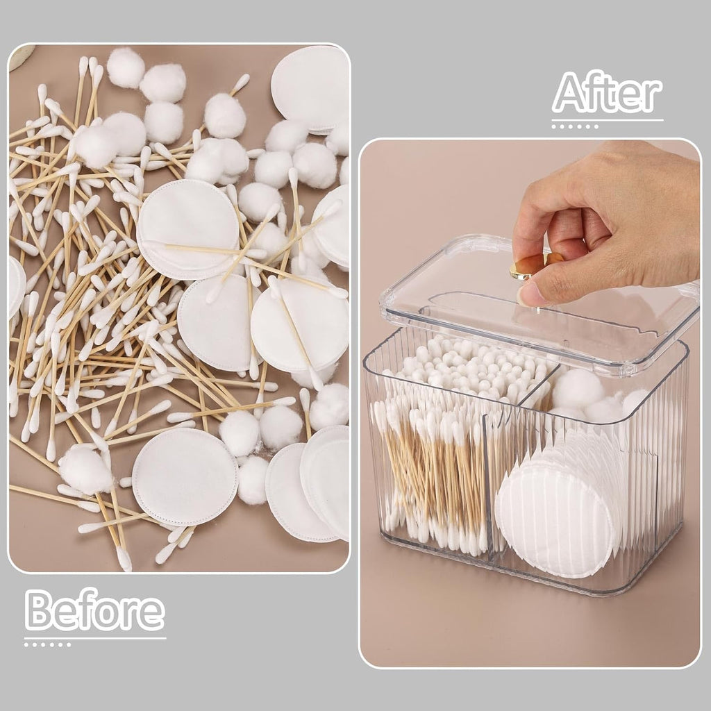 Tbestmax Qtip Holder Dispenser - 3-Section Clear Bathroom Organizer Jar for Cotton Swabs & Pads