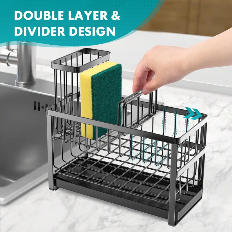 Sinnsally Kitchen Sponge Holder,Sink Caddy Organizer with High Brush Holder,Stainless Steel Sink Box Dish Scrubber Holder,Soap Tray for Kitchen Counter Accessories & Storage Rack(2 Tier - Black)