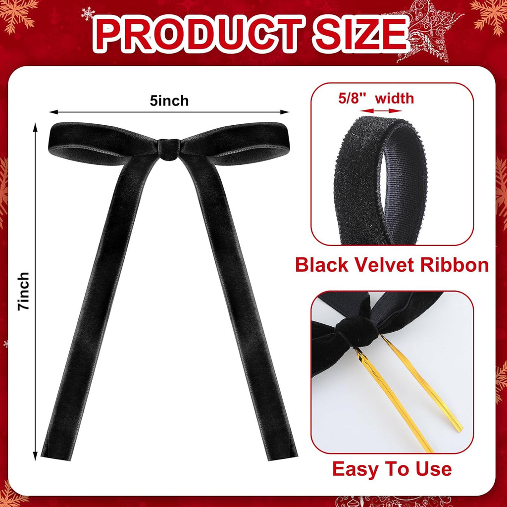 Skiennix 24 Pcs Velvet Bows - Vintage Ribbon Bows for Christmas Tree & Crafts | 5 x 7 Inch, Black