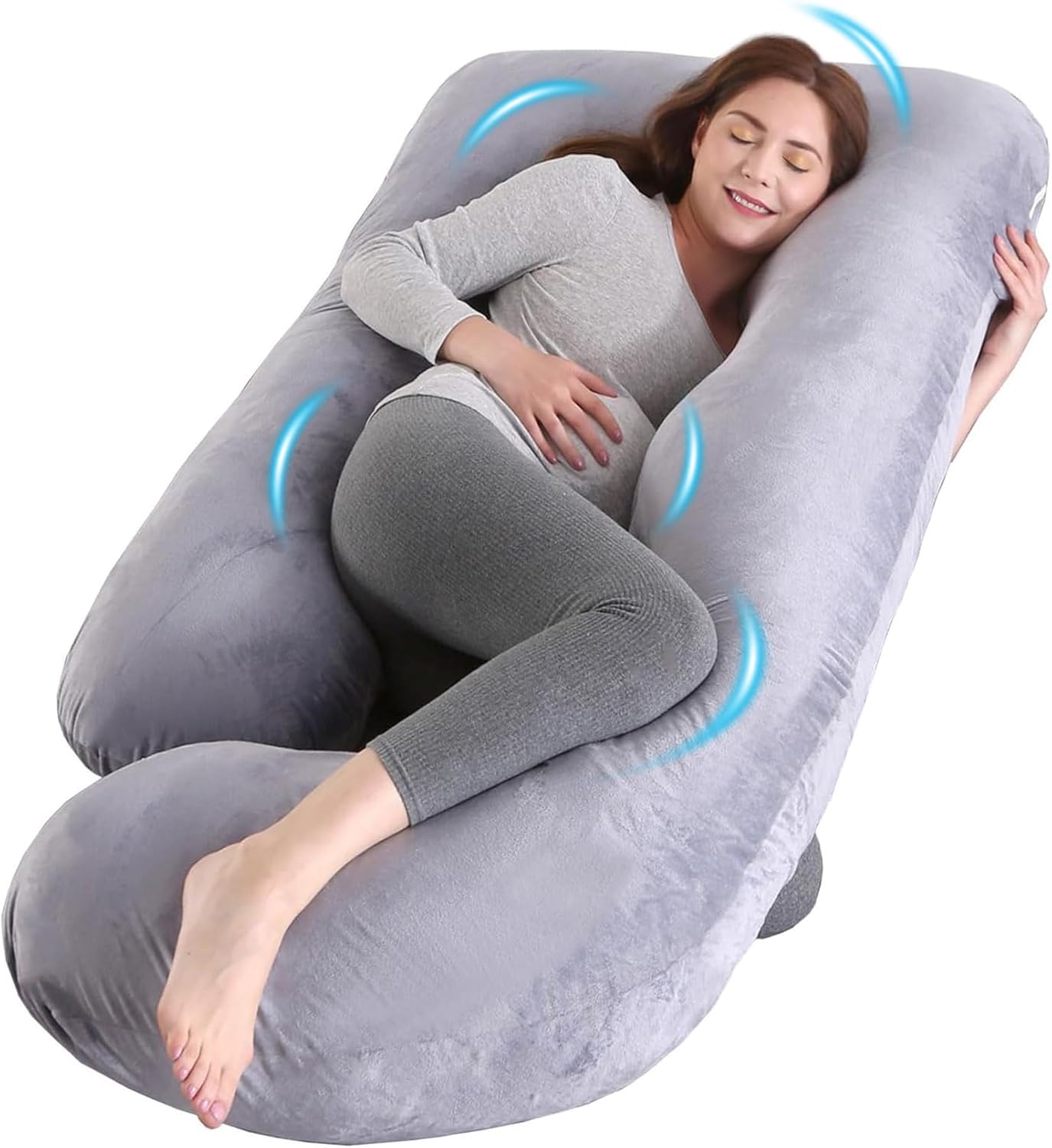 Skiennix U-Shaped Pregnancy Pillow - Full Body Support for Back, Hips & Belly | 65-Inch Velvet Grey Maternity Essential