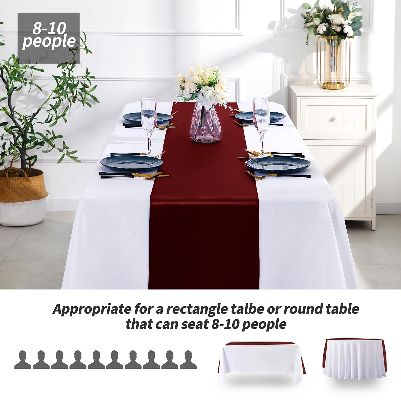 SiinvdaBZX 12 Pcs Burgundy Satin Table Runner 12 x 108 inches Long, Bright Smooth Satin Wedding Table Runner Decorations for Birthday Parties, Buffet, Banquets, Graduations, Engagements