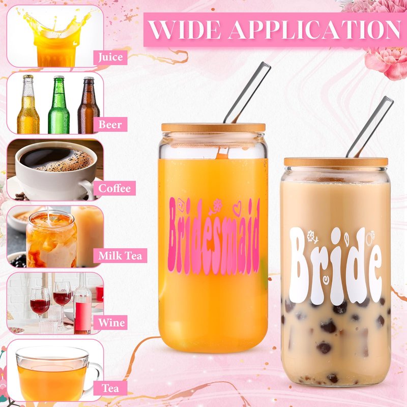 Yetene 6 Pack Bridesmaid Gifts 16 oz Bride Cup with Lids and Straws Bridesmaid Proposal Gifts Cute Can Shaped Drinking Glass Bride Glass Cups for Engagement Wedding Bridal Shower Party
