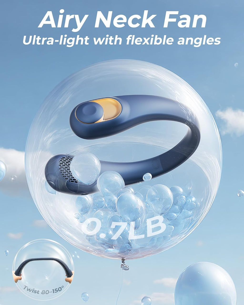 TUNISE Neck Fan - USB-C Rechargeable Personal Fan with LED Display, 4000mAh Battery, 3 Speeds, Whisper-Quiet