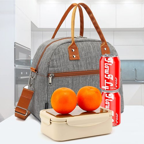 FlowFly Insulated Lunch Bag With Shoulder Strap for Women, Men, and Kids, Large and Reusable, Handle, Freezable Work and School Travel Tote and Meal Prep Organizer,Grey