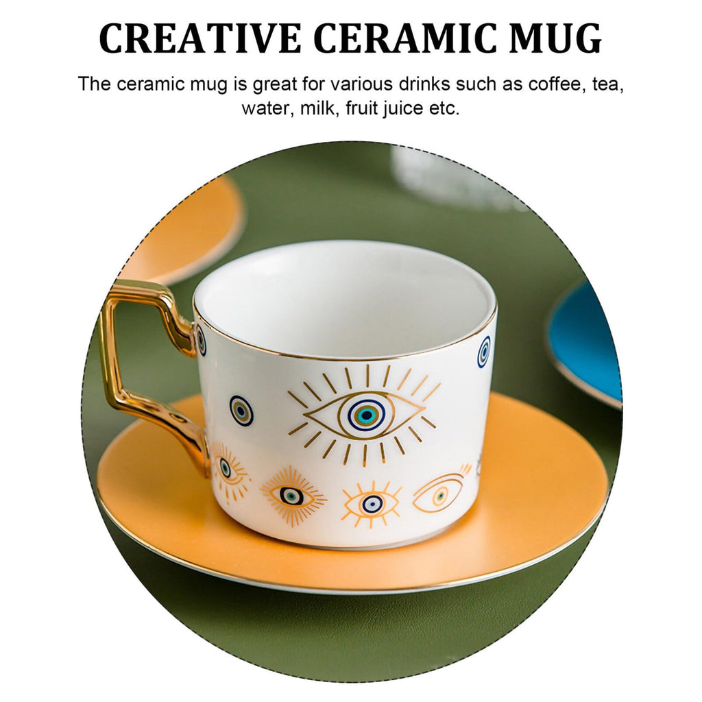 BESTonZON Evil Eye Ceramic Coffee Cup and Saucer Set Stylish Porcelain Tea Mug Kit for Home and Office Unique Latte and Tea Drinkware with Turkish Design 6-Inch Diameter