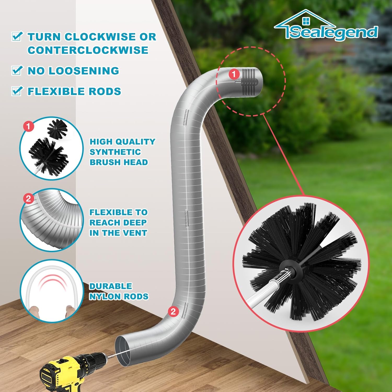 Sealegend Dryer Vent Cleaner Kit - 30 Feet Lint Remover with Upgraded Quick-Snap Brush & Drill Attachment