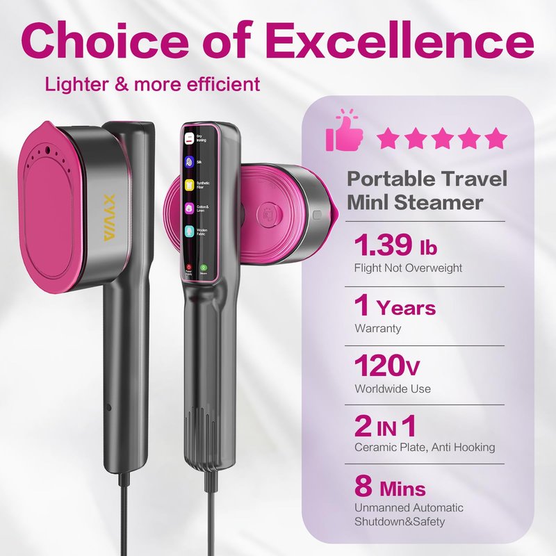XYVIA Handheld Garment Steamer 15-Second Fast Heat-Up 5 Mode LCD Touch Display Portable 1200W Steamer for Clothes 110ml Tank Wet/Dry Ironing for Travel Home & Business (Gray Purple)