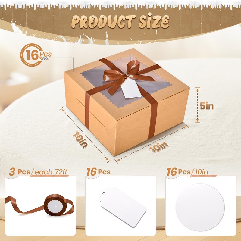 DOYIDE 32Pcs 10 Inch Cake Boxes with Cake Boards (16Pcs Brown Cake Boxes, 16Pcs Cake Boards), 10x10x5 Inch Bakery Boxes with Window, Cake Carrier Container for Birthday Party, Wedding