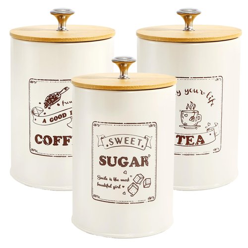 Youeon Metal Canisters Sets for the Kitchen, 25 Oz Coffee Sugar Tea Container Set, Farmhouse Style, Food Storage Containers with Lids for Countertop, Cabinet, Coffee Bar Decor, Beige
