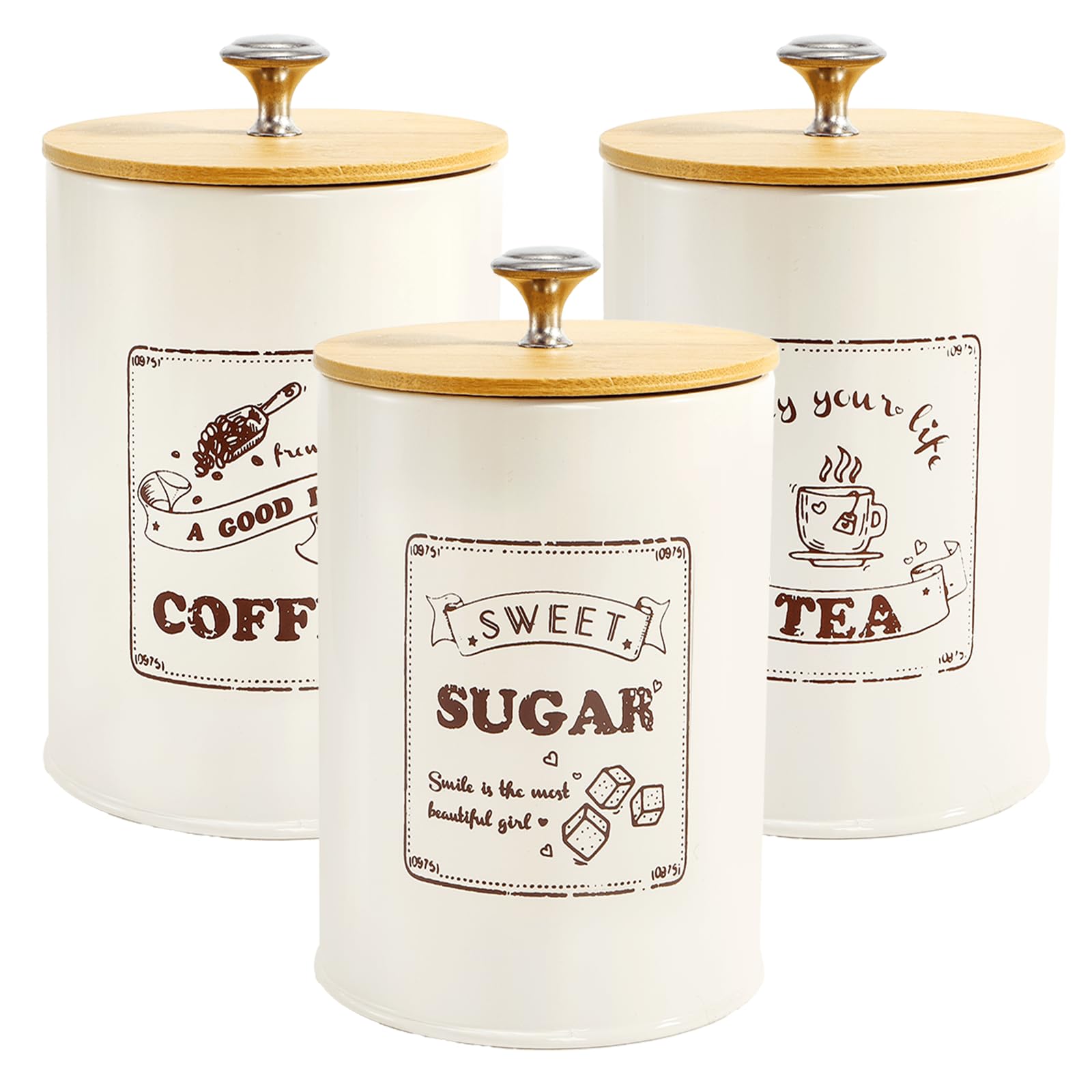 Youeon Metal Canisters Sets for the Kitchen, 40 Oz Coffee Sugar Tea Container Set, Farmhouse Style, Food Storage Containers with Lids for Countertop, Cabinet, Coffee Bar Decor, Beige