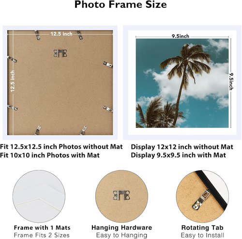 JCJMY Picture Frame - 12.5x12.5 Inches with 10x10 Mat for Vinyl Record Album Display | White Finish