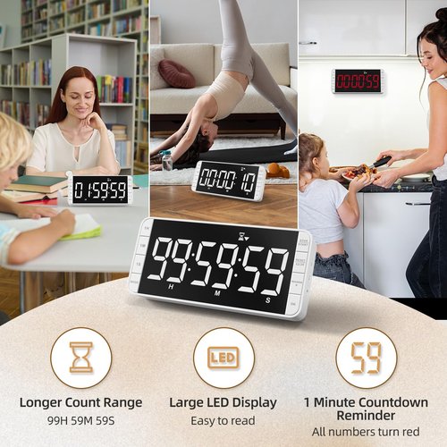 MeesMeek 7.8'' Extra Large Rechargeable LED Kitchen Timer - 99H Countdown/Countup, 3 Brightness, 5 Alarms, 4 Volume Levels | Magnetic Large Timer for Cooking, Classroom, Home Gym