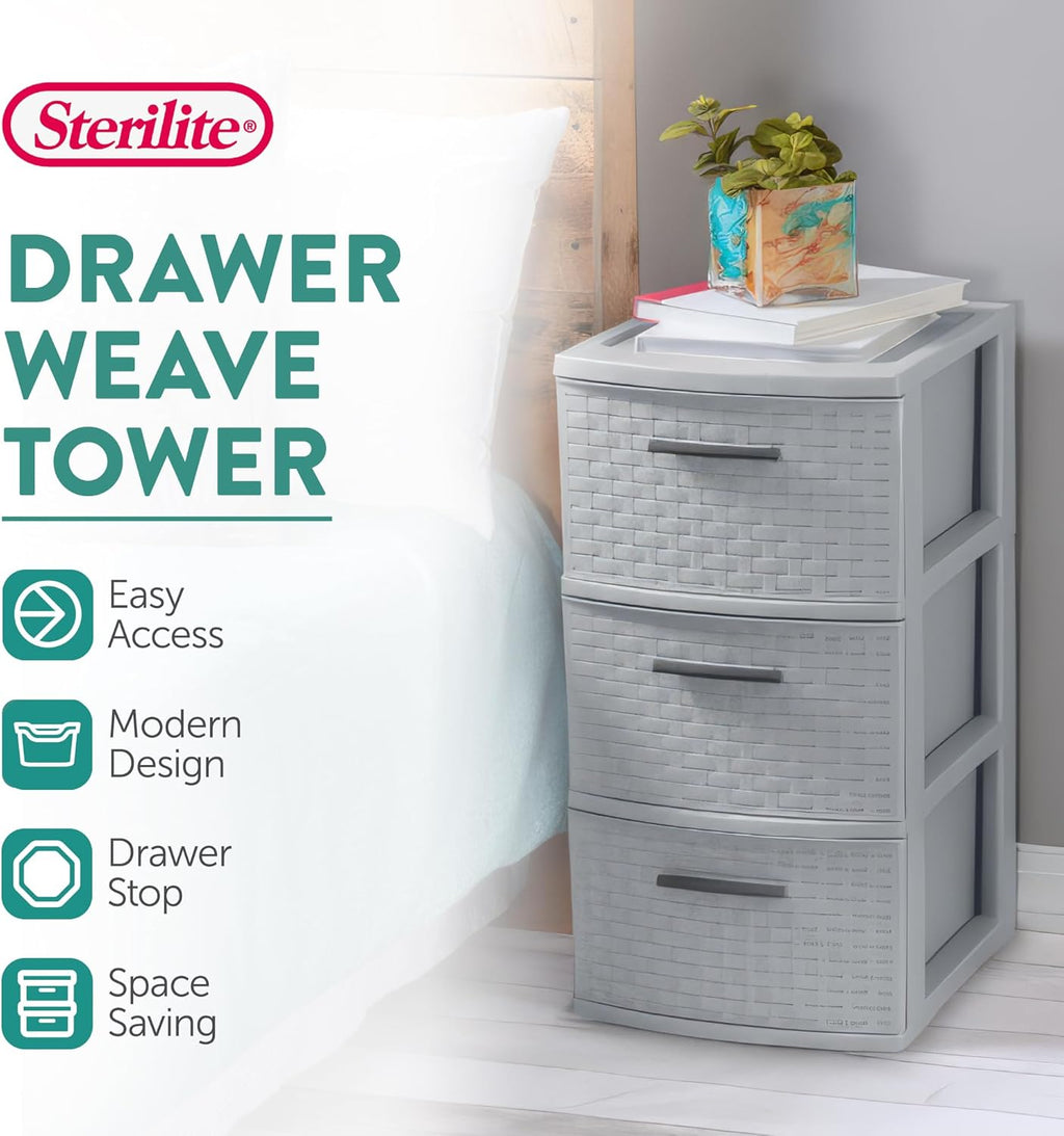 Sterilite 3 Drawer Storage Tower | Lightweight Plastic Weave Organizer - Cement Color for Bedrooms & Closets