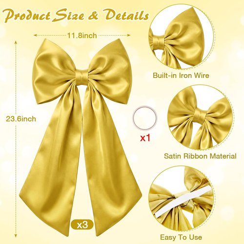 Gold Satin Bow Decorations by [Brand Name] - 3 Pcs 2 FT Large Hanging Wall Decor for Weddings & Parties