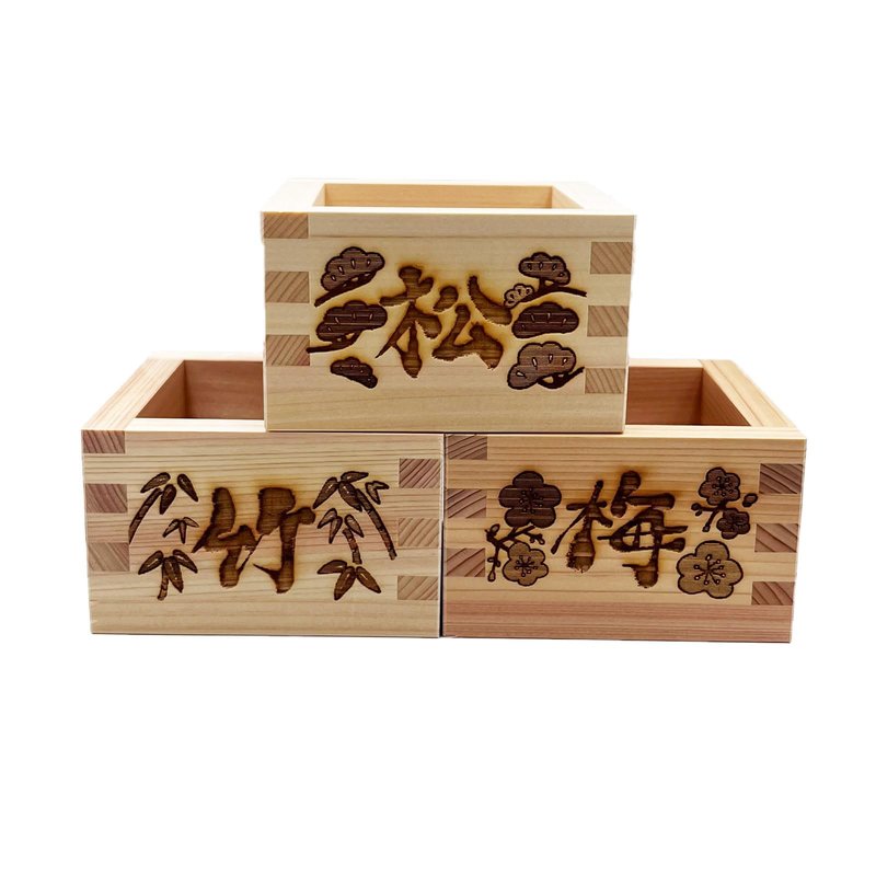 TOKYO ART Japanese Wooden Sake Masu Cups (Set of 3) with Japanese Lucky Artwork, Square Sake Boxes - Crafted from Japanese high-grade cypress wood, Made in Japan (Shou Chiku Bai)