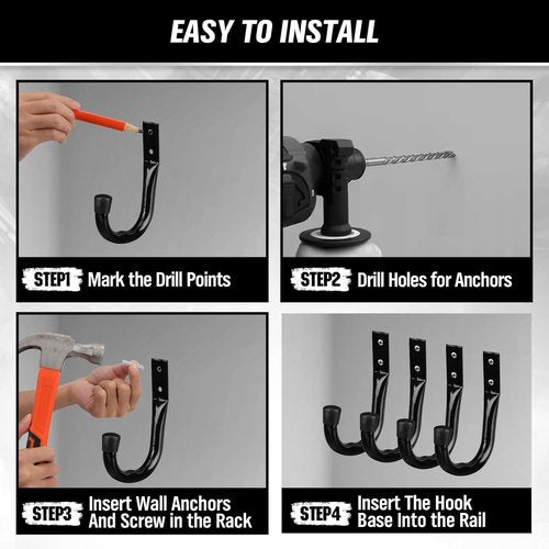 Heavy Duty Garage Storage Hooks - 12-Piece Bike Wall Mount J Hooks | Large Metal Organizer for Tools & Cords