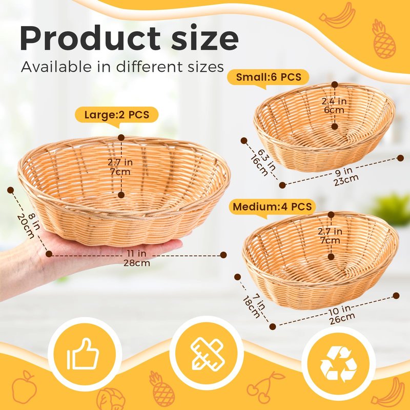 12 Pcs Plastic Oval Bread Basket 9inch 10inch 11inch Woven Fruit Bread Basket Food Storage Bin Serving Container for Gifts Empty Home Restaurant Kitchen Food Serving Storage Display Decoration