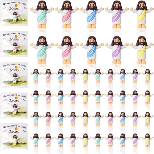 Little Jesus Figurines Set - 50 Mini Jesus Statues with Prayer Cards & Bags for Easter Party Favors