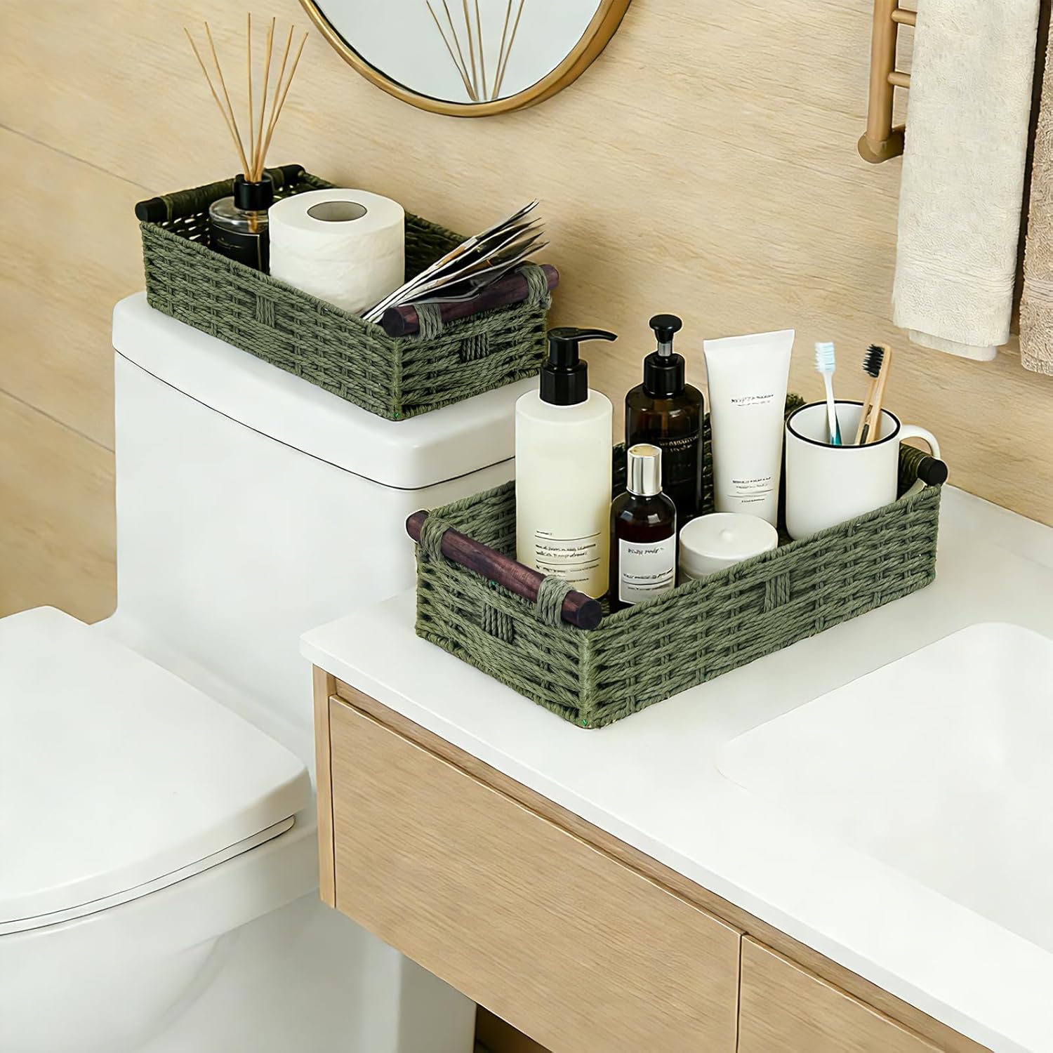 Skiennix Green Toilet Basket | Stylish Bathroom Organizer & Storage | 2-Piece Paper Rope Wicker Holder