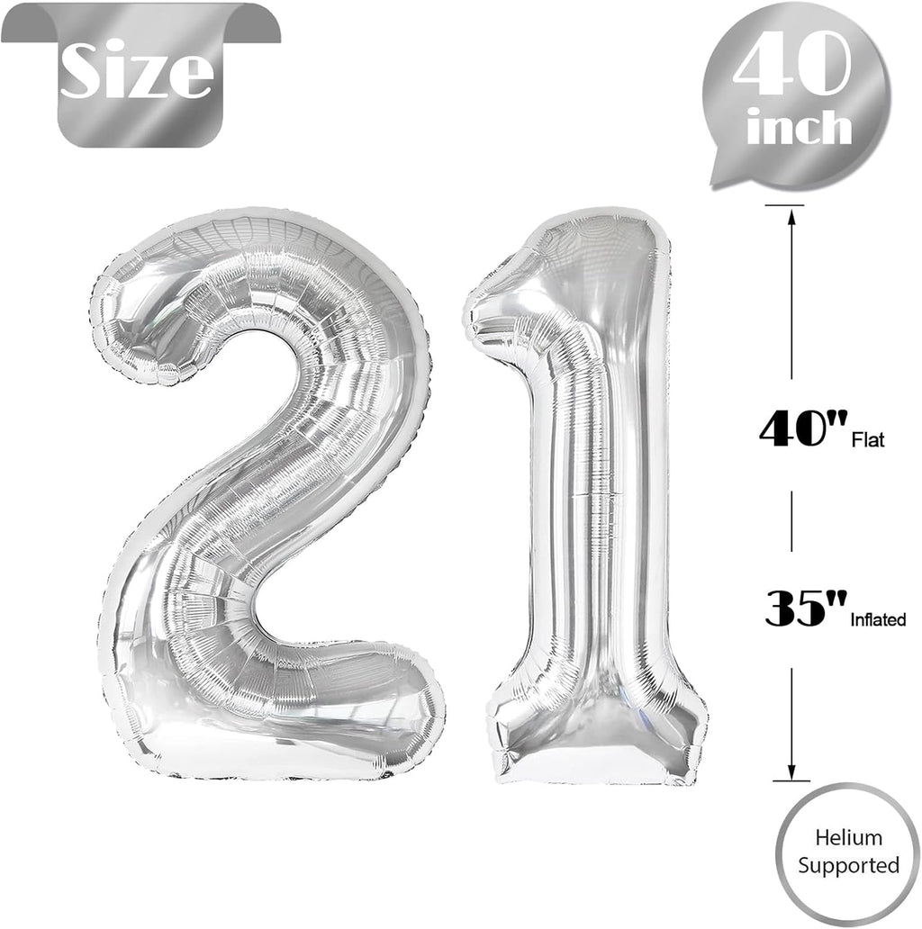 Silver Number 21 Balloon - 40 Inch 21st Birthday Decoration for Kids & Adults | Perfect for Celebrations