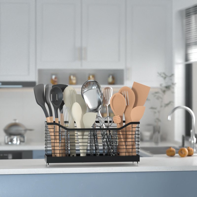 Uninol Utensil Holder for Countertop - Black, 15.8" x 4.3" x 7.5", Spoon & Kitchen Utensil Rack Organizer