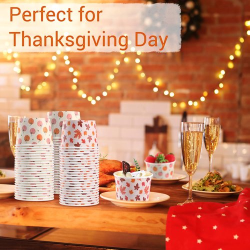 Jingmore 100 Pcs 8 oz Fall Treat Snack Cups Pumpkin Maple Leaves Disposable Paper Bowls Thanksgiving Orange Party Favors Paper Bowls for Hot or Cold Food Autumn Party Supplies
