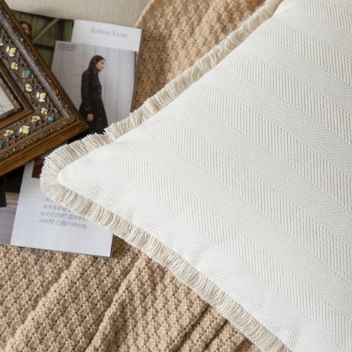Joyouth Set of 2 Decorative Fringe Throw Pillow Covers Chenille Pillow Covers Elegant Design Pillowcase Soft Tassels Cushion Cover for Couch Bed Home Decor,18×18 Inch,Cream White