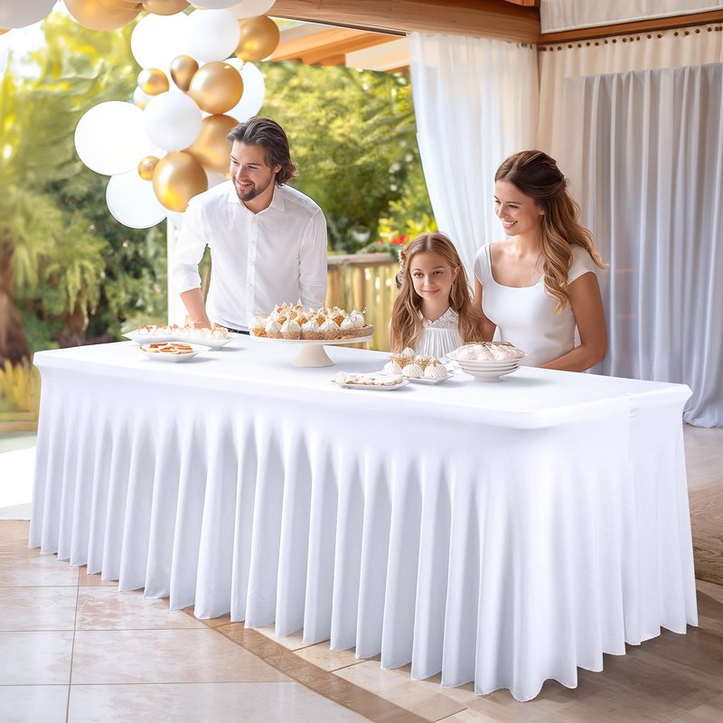 PARTISKY 4 Pack White Spandex Table Cloths for Rectangle Tables 8ft, White Table Skirt for Party, Table Cover with Skirt for Wedding Folding Table Banquet Baby Shower & Birthday Parties