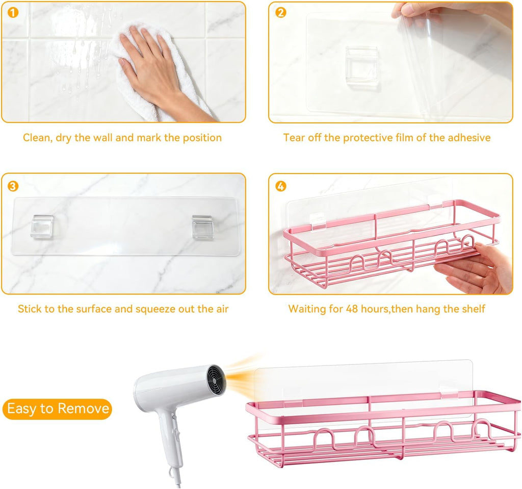 Skiennix Adhesive Shower Caddy - Large Capacity No Drill Bathroom Organizer | 2 Pack Pink Shelves
