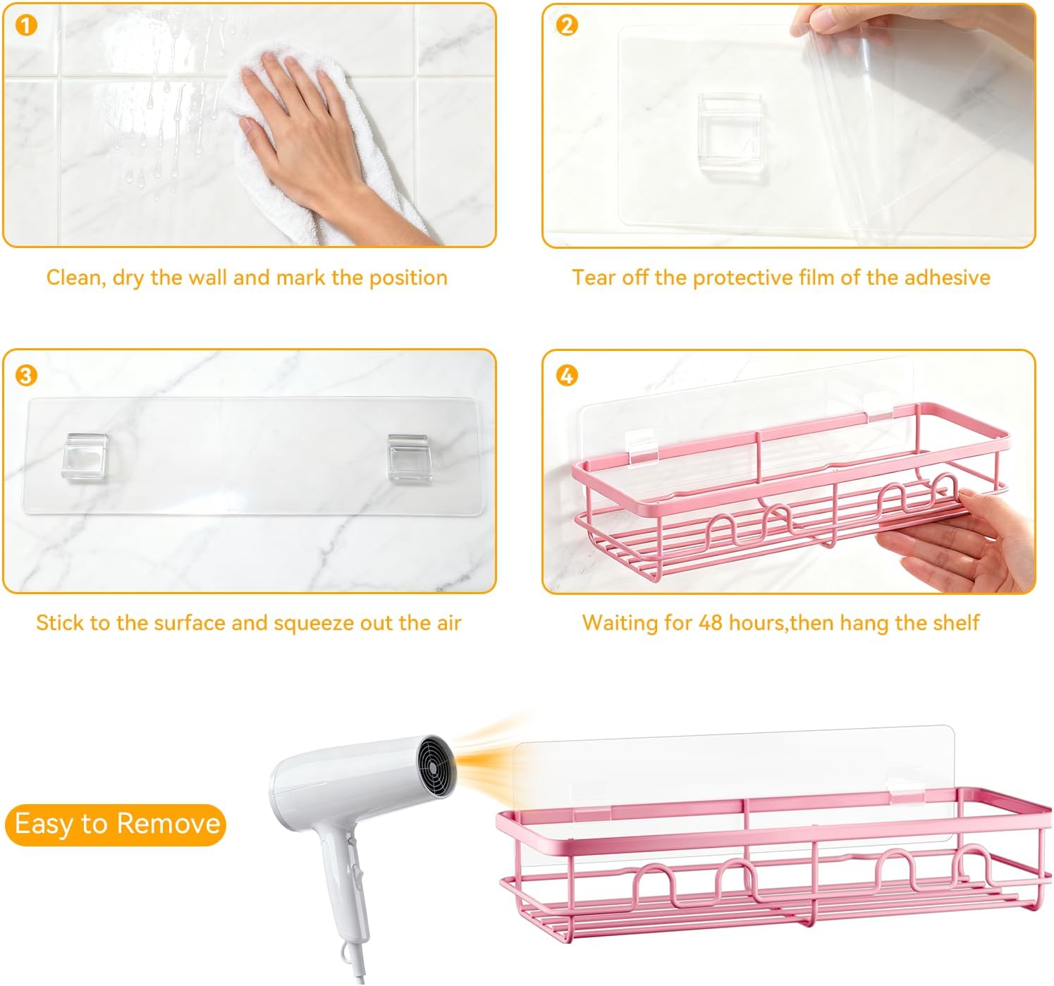Skiennix Adhesive Shower Caddy - Large Capacity No Drill Bathroom Organizer | 2 Pack Pink Shelves