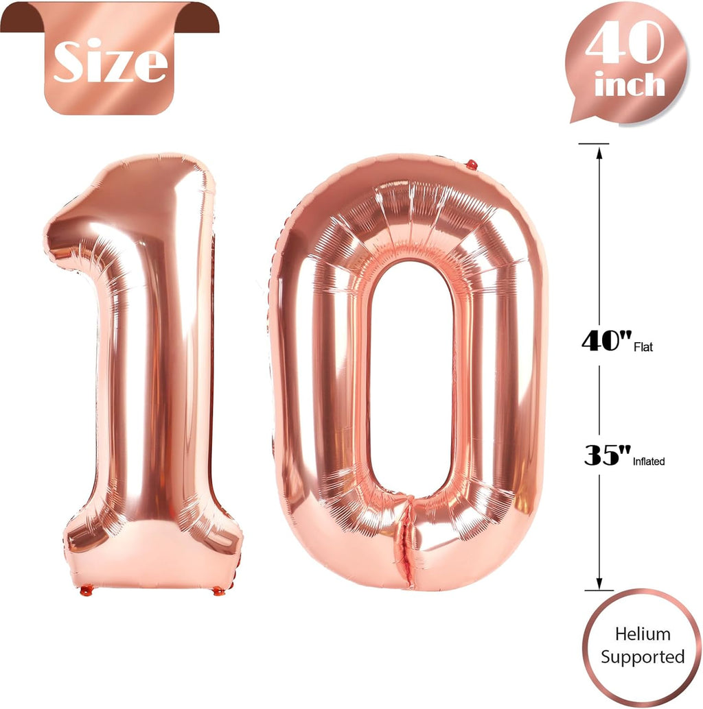 Rose Gold Number 10 Balloon - 40 Inch Birthday Decoration for 10th Birthday Party Supplies