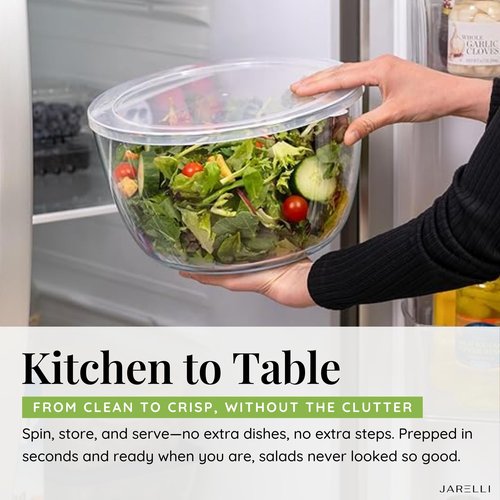JARELLI Glass Salad Spinner Large Capacity 6.3QT with Storage Lid | Boroscilicate Glass Bowl and BPA-Free and Food-Safe Colander, Base, Spinner Lid and Storage Lid | Washing, Spinning, and Draining