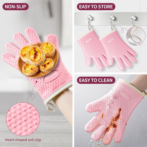 MAD SHARK Silicone Oven Mitts - Heat Resistant 450°F, Waterproof & Non-Slip | Cotton Lined, Pink