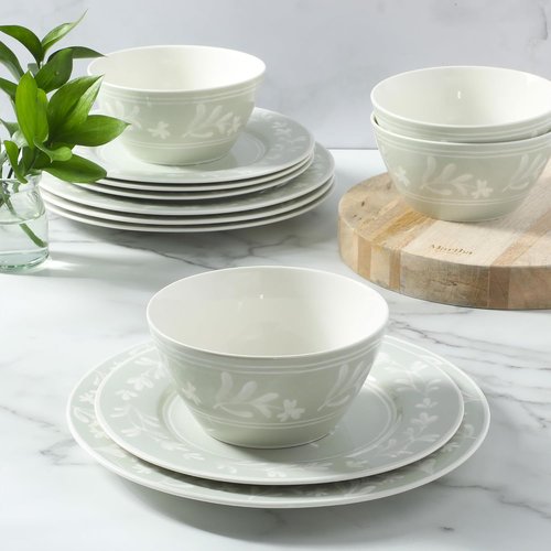 Martha Stewart Dinnerware Set - Maiden Crown 12-Piece Floral Dish Set in Sage Green | Microwave & Dishwasher Safe
