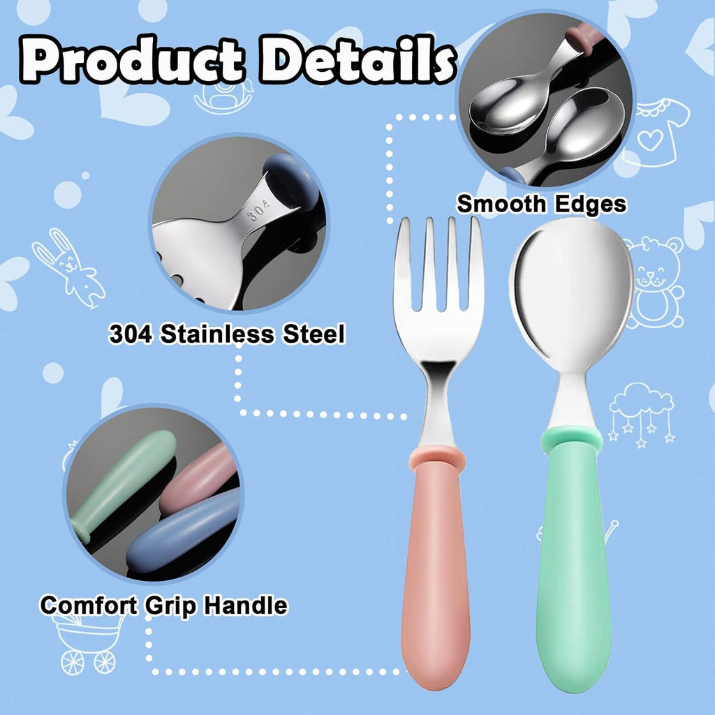 Skiennix Toddler Utensils Set - 12-Piece Stainless Steel Forks & Spoons | Dishwasher Safe, Round Handle