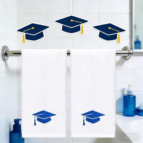 FYSUIMU Graduation Hand Towels - Embroidered Cotton Bath Towels in Blue | Absorbent 29.5 x 13.7 Inch