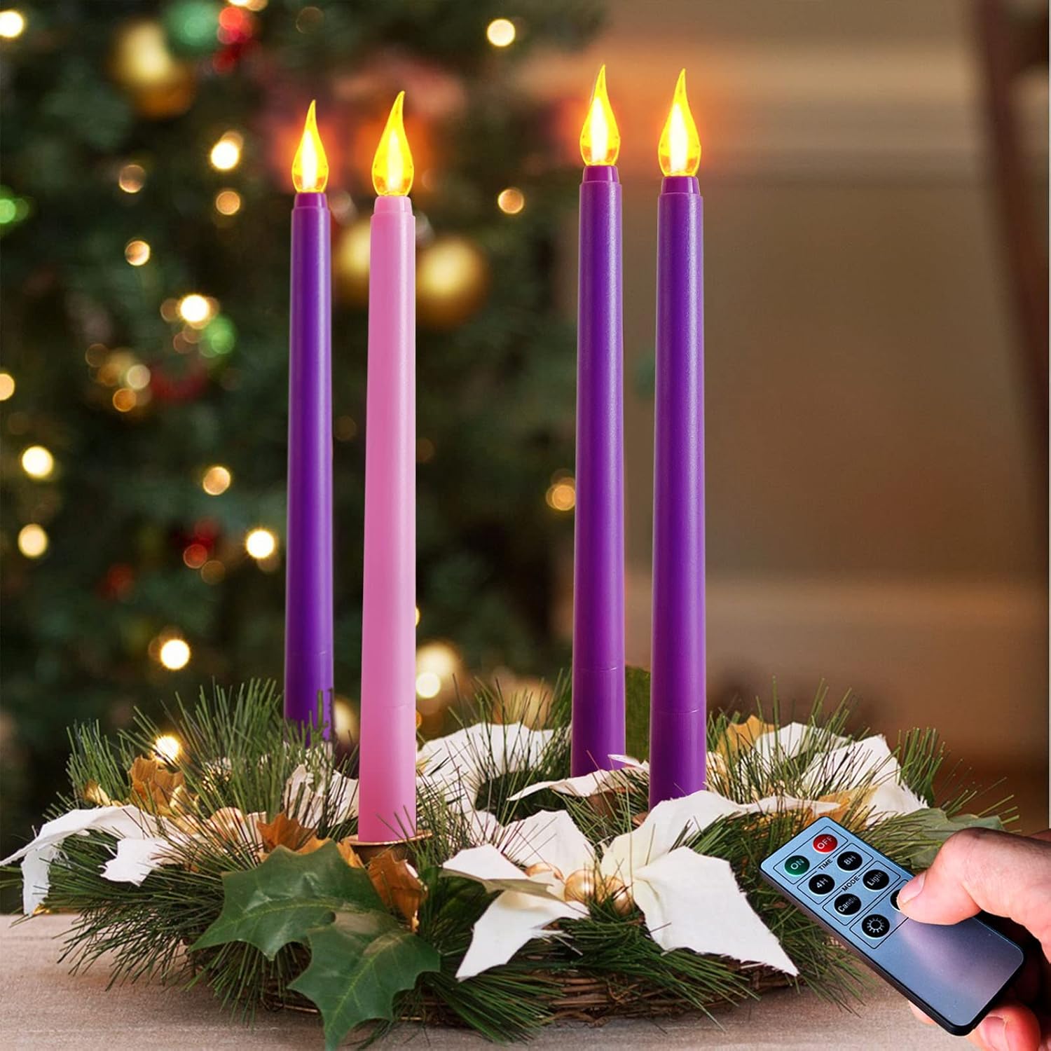 Regine Switzerland Flameless Taper Candles - Set of 4 Battery Operated Flickering Candles in 3 Purple & 1 Pink