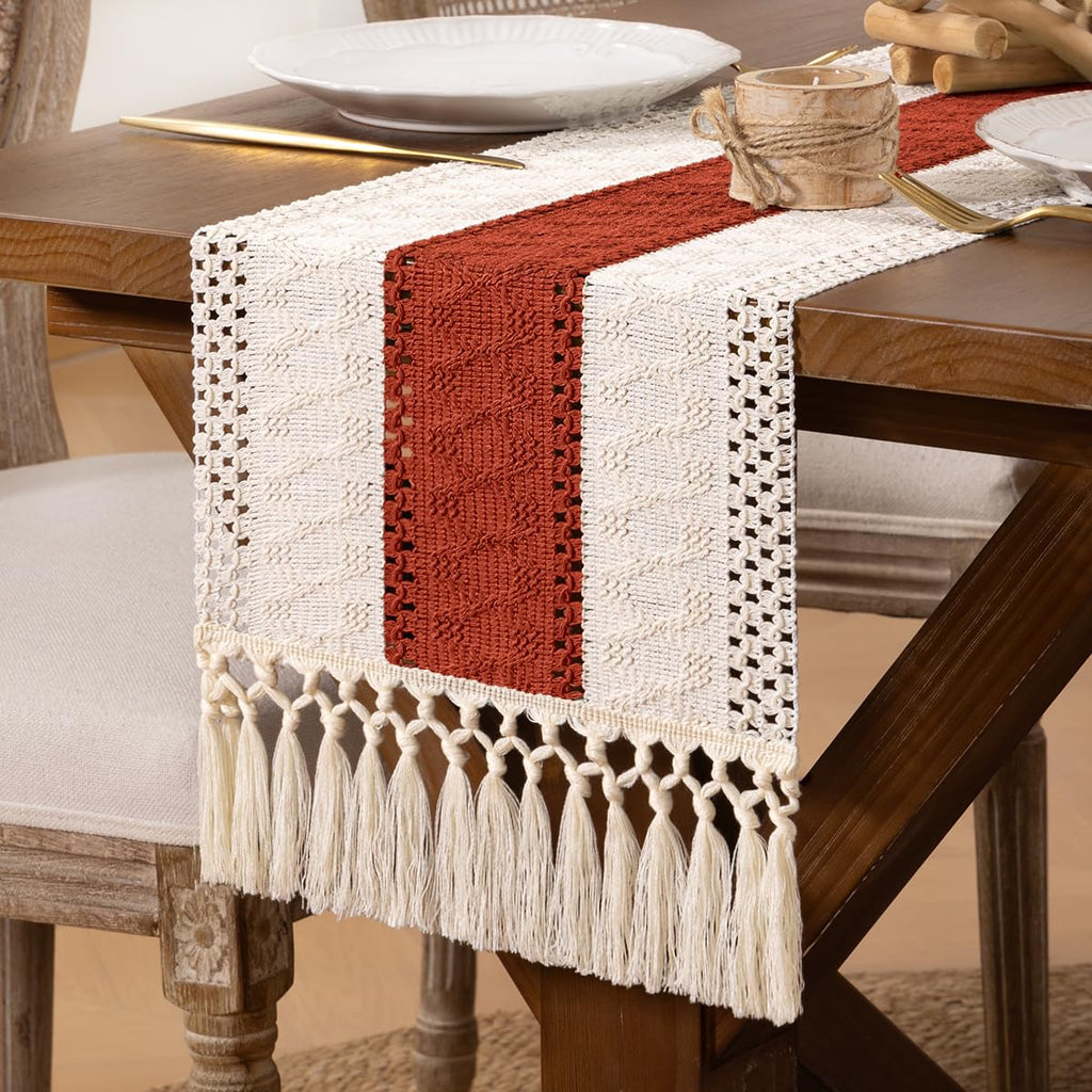 DeZerlor Boho Macrame Table Runner Terracotta Spring Easter Farmhouse Woven Table Runner with Tassels 90 Inches Ivory& Rust Cotton Linen Kitchen Table Decor for Dining Dresser Home Tea Table Decor