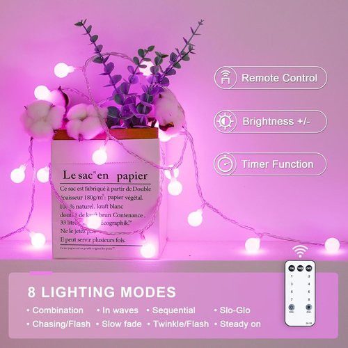 JMEXSUSS 100 LED Pink String Lights - 33 ft Connectable Globe Fairy Lights with Remote for Bedroom & Party Decor