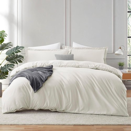 Hearth & Harbor Off White Duvet Cover - Soft 3-Piece Queen Bedding Set | 90x90 Inches with Button Closure