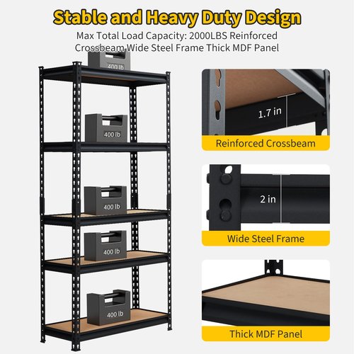 KOKEBREN Garage Shelving Heavy Duty Storage Shelves 2000Lbs Capacity, 5 Tier Adjustable Metal Shelving Unit 48" W x 18" D x 72" H, Industrial Utility Rack for Kitchen Pantry